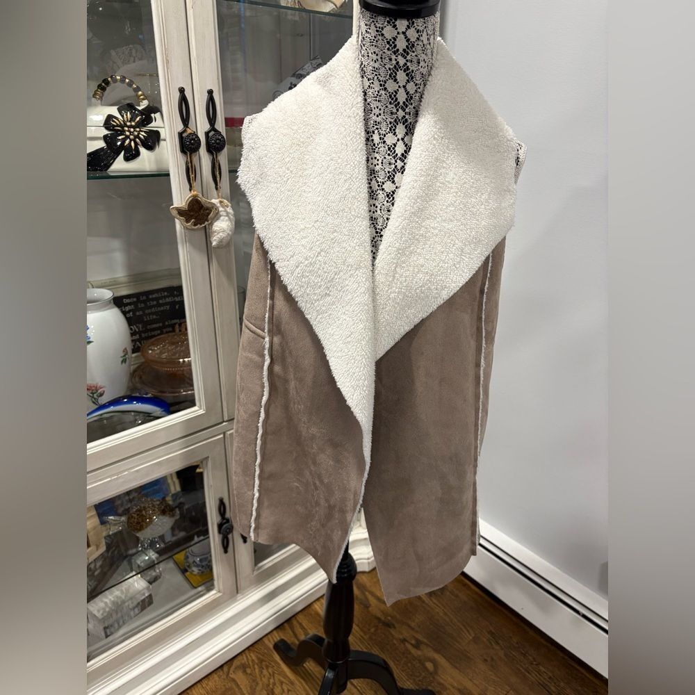 Susina Taupe Suede-Look Vest with Cream Sherpa Collar